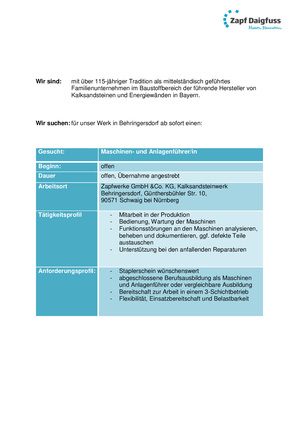 Anforderungsprofil Maschinen- und Anlagenführer Be (m/w)
