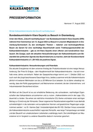 Pressemeldung Werksbesuch Bundesbauministerin in Oranienburg