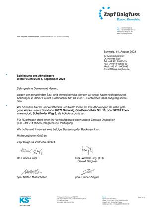 Kundeninformation Schließung Abhollager Feucht