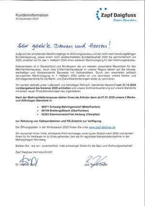 Kundeninformation vom 20. Dezember 2024